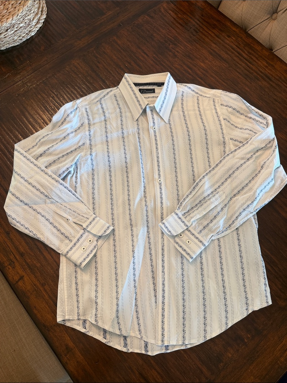 7 Diamonds Men's White Dress Shirt with Light Blue Stripes